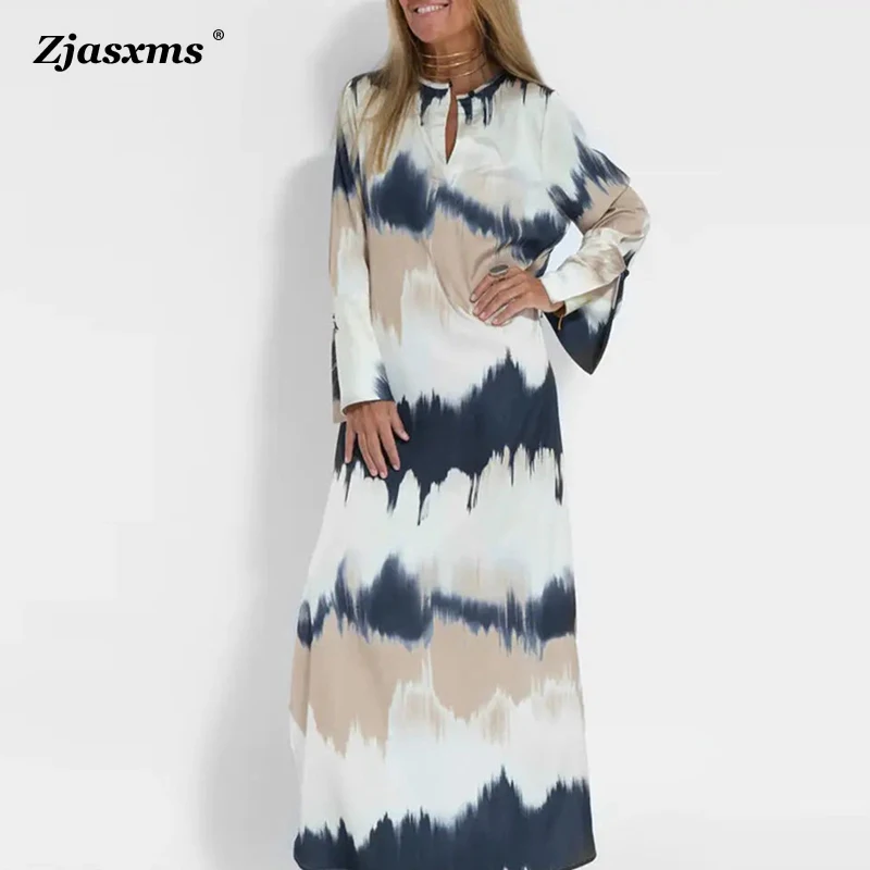 

2023 Autumn Female Long Sleeve Loose Dress Spring Summer Women's Tie Dye Printed Maxi Dress Fashion Casual V-Neck A Line Dresses