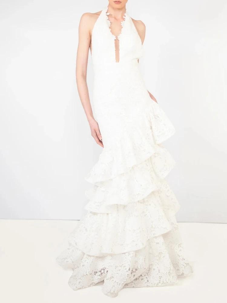 

Sexy Halter Neck Lace Ruffles Long Dress Women White Sleeveless Backless Patchwork Ruffled A-line Dresses Evening Party Gowns