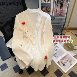 Gaganight Women V neck Love Button Rabbit maglione cappotto 2025 autunno inverno nuovo Cardigan lavorato a maglia femminile stile delicato Casual allentato