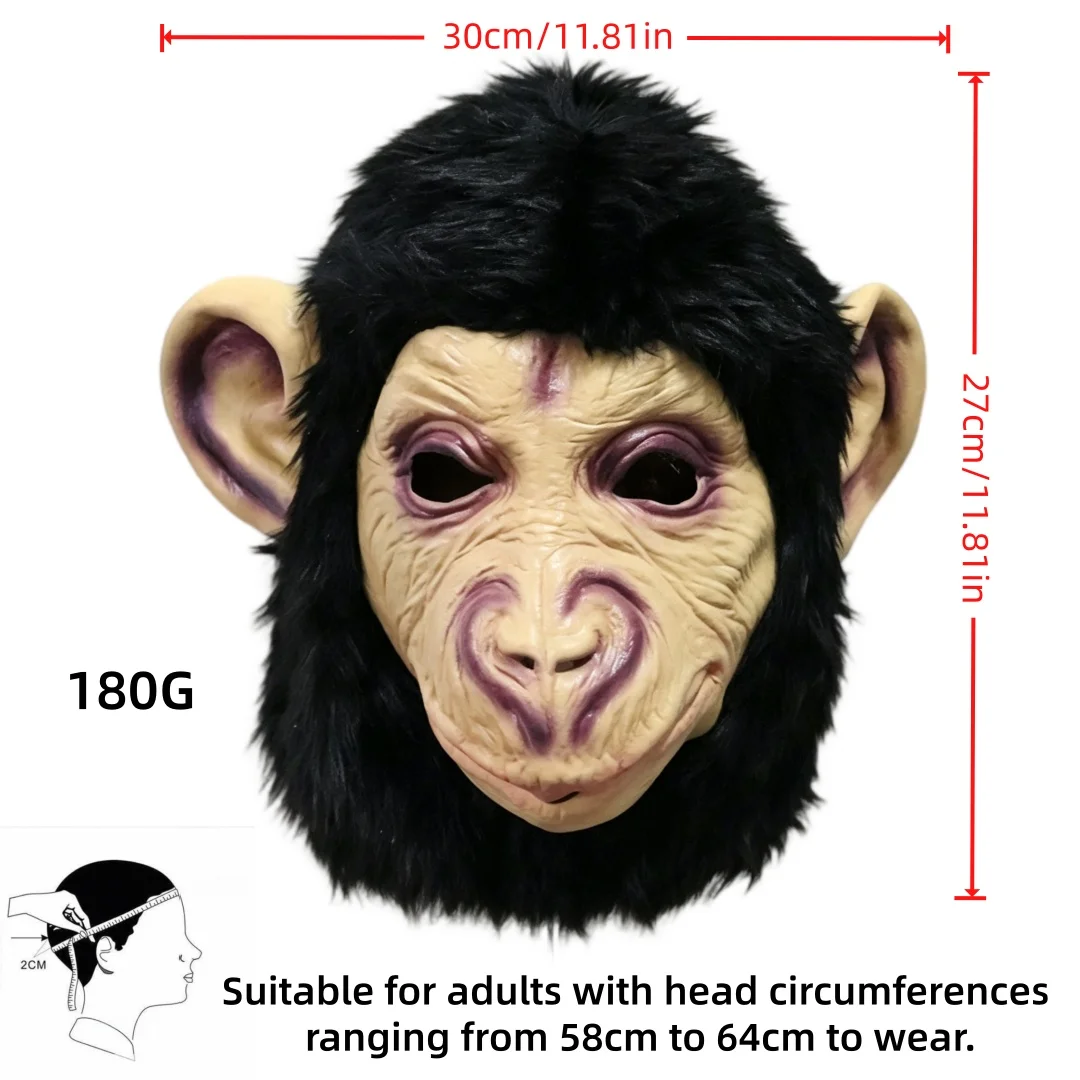 Realistic Monkey Latex Full Head Mask with Black Fluffy Fur, Funny Animal Cosplay Headgear for Halloween Carnival Party Haunted House Costume Dress Up Props