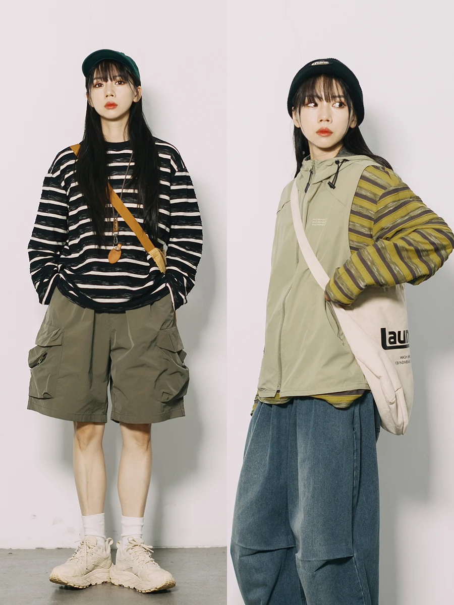 

Свободная футболка в полоску в стиле ретро, длинная круглая футболка Ne, весенне-осенний базовый слой, повседневная одежда, смесь хлопка из полиэстера