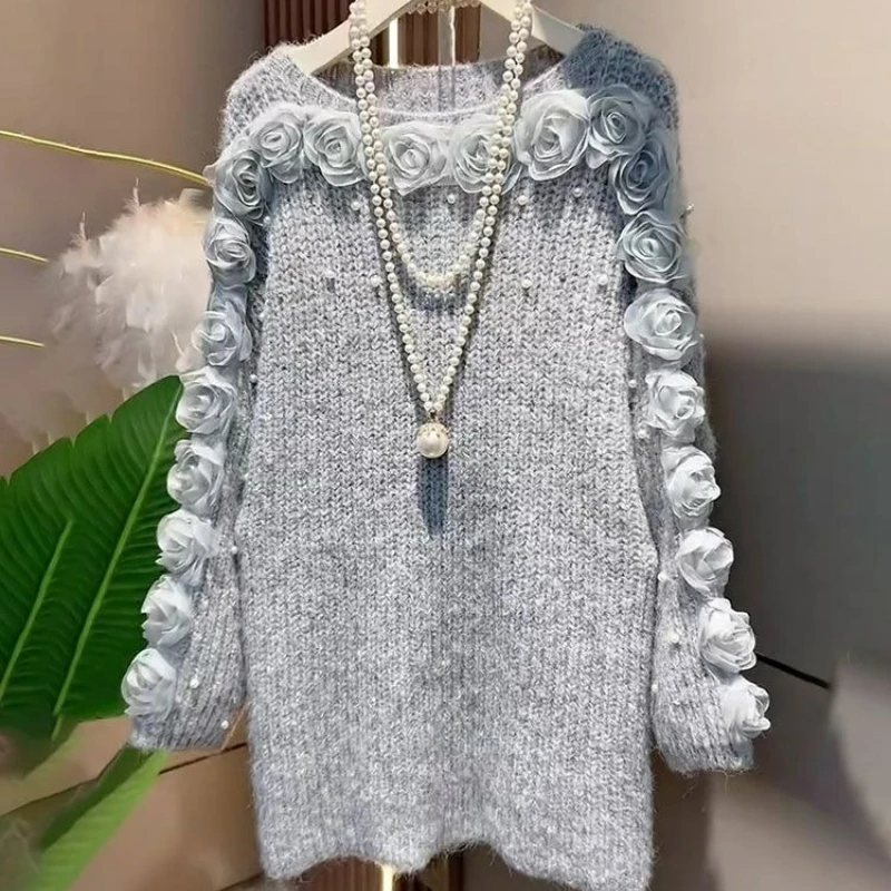 Entspannter Stil, gestrickt, Rose mit Ausschnitten, langärmelig, Übergröße, Damenkleid 2026, Winter, neues modisches Kleid für übergewichtige Mädchen