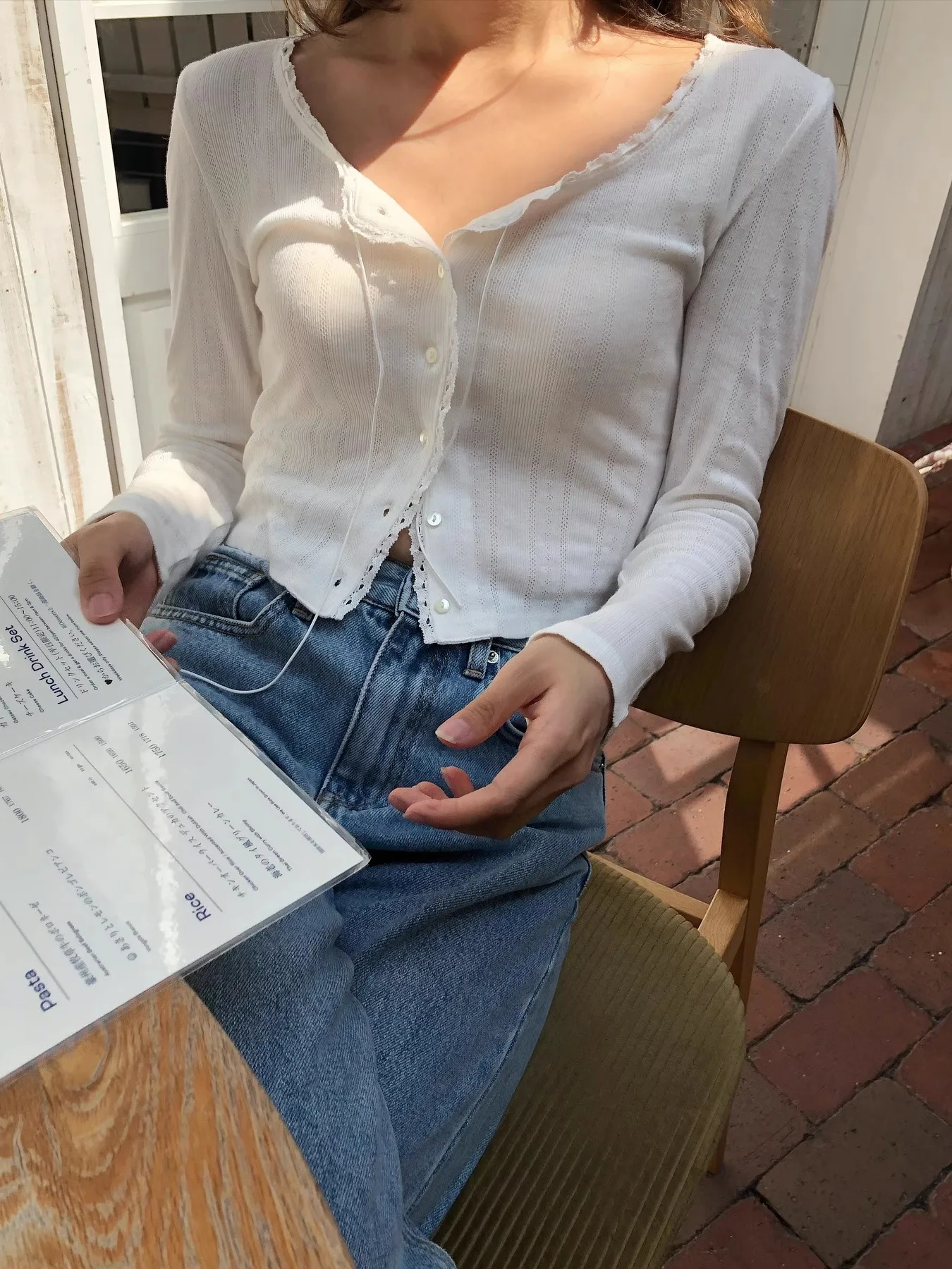 

Retro Sle High Waist ort Svel Button down Cardigan T-irt Women's Base Layer Lace Trim Long Sve round Ne T-irt