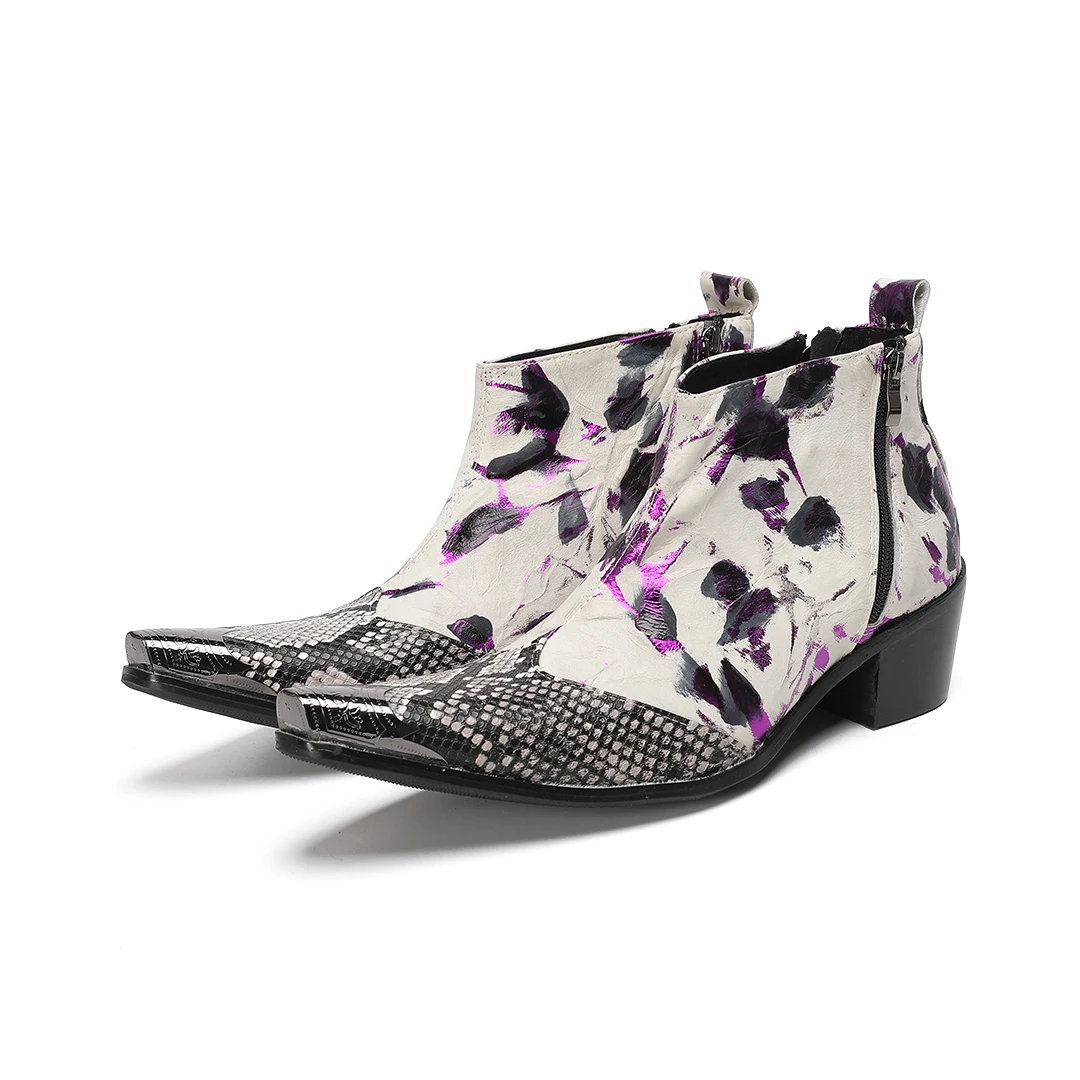 Men's Artistic Purple & Black Brush-Stroke Western Ankle Boots with Snakeskin Toe Detail Side Zipper Fashion Ankle Boots