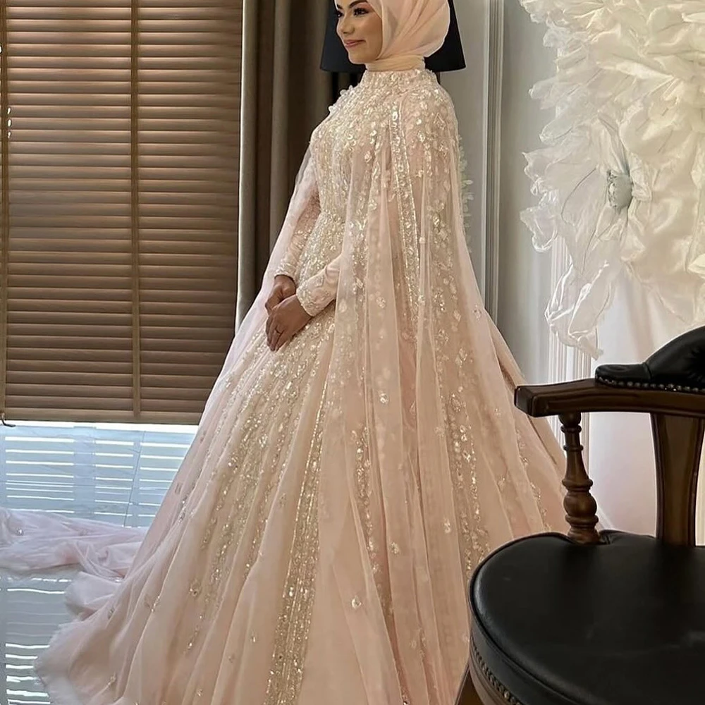 

Muslim Wedding Dresses Hijab High Neck Long Sleeve Luxury Bride Dress with Cape Beading Bridal Gown Customized vestidos de novia