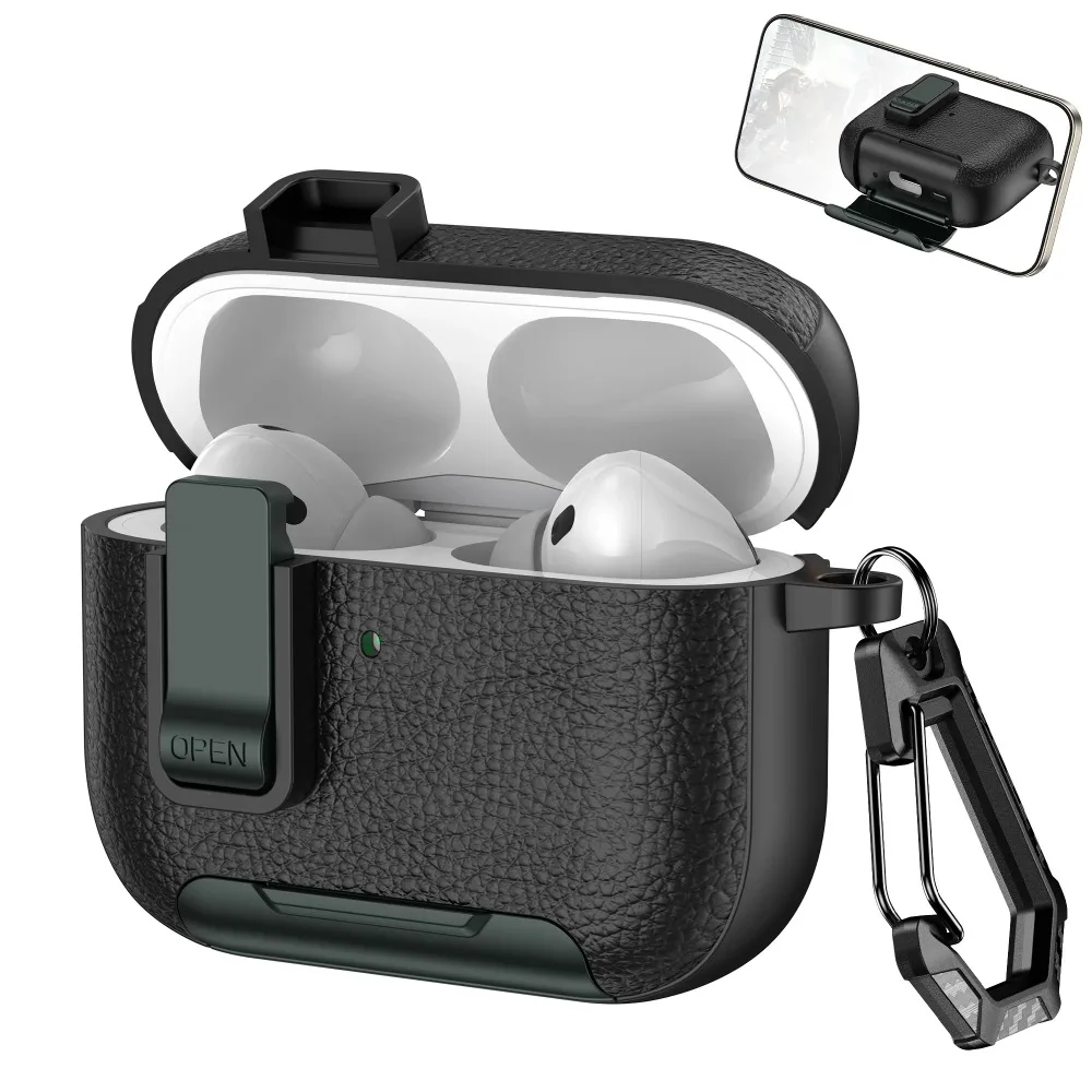 Neue Kopfhörerhülle für AirPods 4 Pro 3 2. Generation Schutzhülle mit sicherem Verschluss Unsichtbarer Telefonständer Ledertextur-Cover
