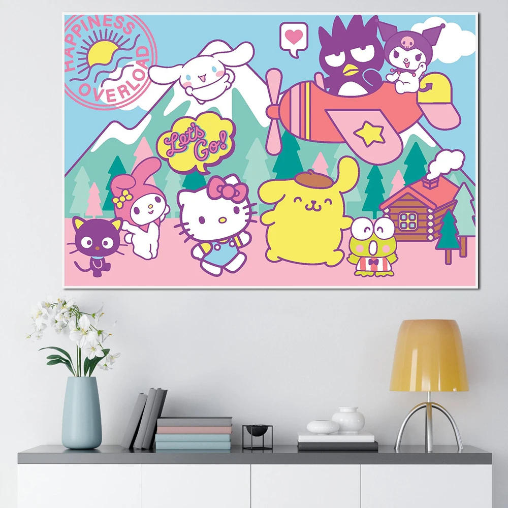 

Hello Kitty and Friends Happiness Overload Poster, Modern Cartoon Wall Art, Canvas Painting, Print, Kids Room Decor, Picture