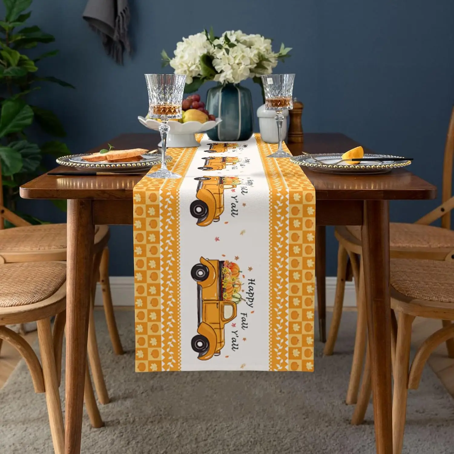 Thanksgiving Maple Leaf Pumpkin Orange Truck Linen Table Runners Kitchen Dining Room Decor Washable Thanksgiving Decorations