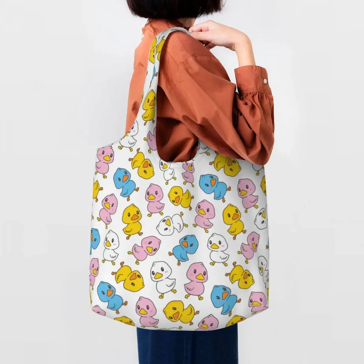 Custom Cartoon Duck Walking Pattern Shopping Canvas Bags Women Washable Large Capacity Grocery Tote Shopper Bags