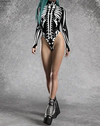 Halloween Skeleton Cosplay Jumpsuit Women Sexy Line Art Bodysuit Cyberpunk Holiday Swimsuit High Fork Beachwear Zipper Swimwears