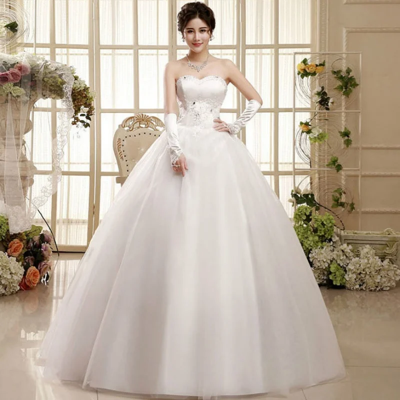 It's Yiiya Cheap White Wedding Dresses Simple Appliques Lace up Princess Floor-length Plus size Women Bride Ball Gowns FH048