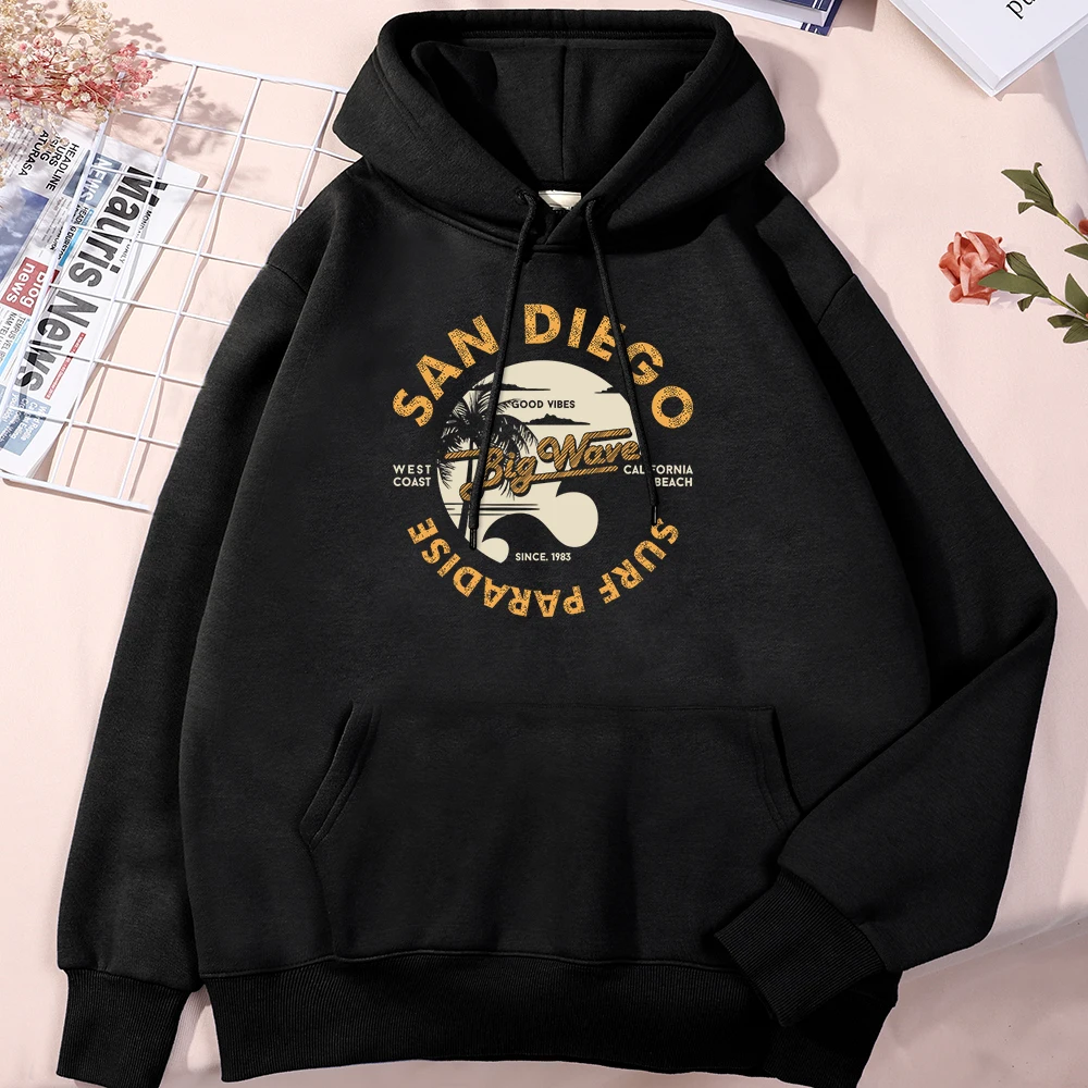 San Diego Surf Paradise, West Coast Of California Man Clothes Fleece All-Match Hooded Loose Casual Hoodies Fashion Harajuku Tops