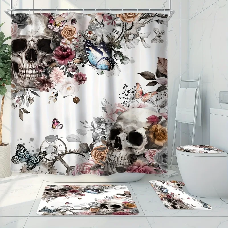 

Комплект из 1 или 4 предметов: готическая занавеска для душа с изображением черепа и нескользящий коврик для ванной (набор) - Декор для ванной комнаты в стиле ужасов с мотивами скелетов и персиково-красных роз, для ванной.