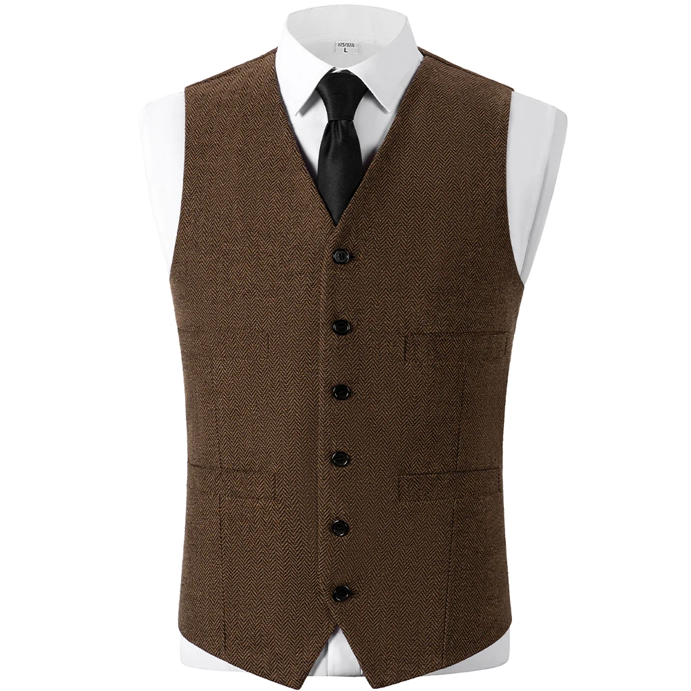 V Neck Slim Fit Herringbone Men's Vest  Single Breasted In Stock Men's Waistcoat For Wedding