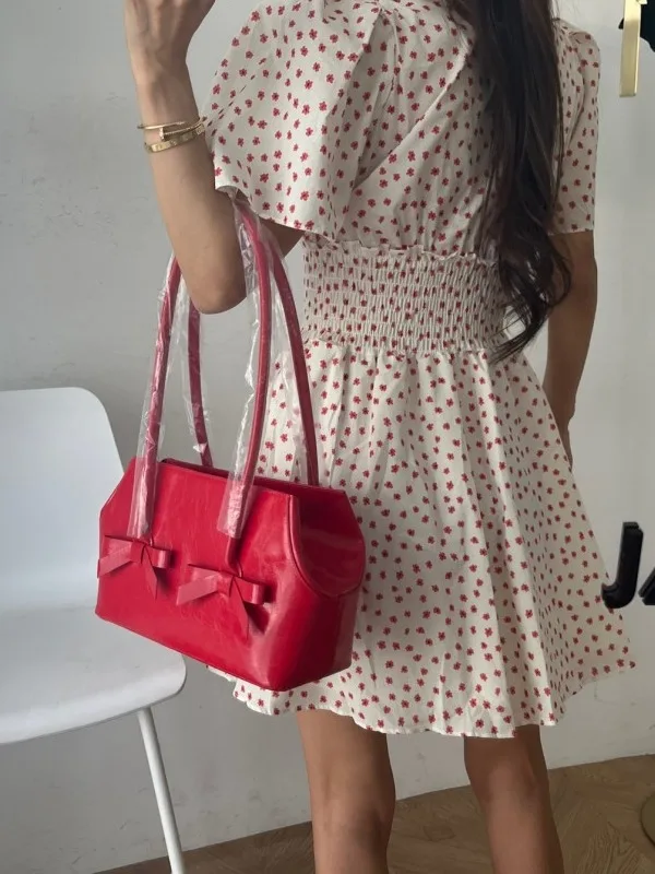 

Retro Floral Print Women's Dr Summer V-Ne Puffy Sve Elastic Waist Slimming A-Line ort Skirt Ele Casual Wear