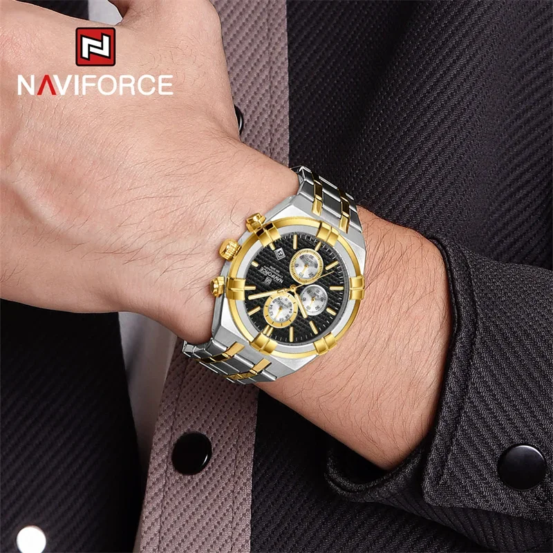 NAVIFORCE-Montres à quartz étanches pour hommes, bracelet en acier inoxydable, horloges à calendrier, affaires de luxe, marque supérieure, mode