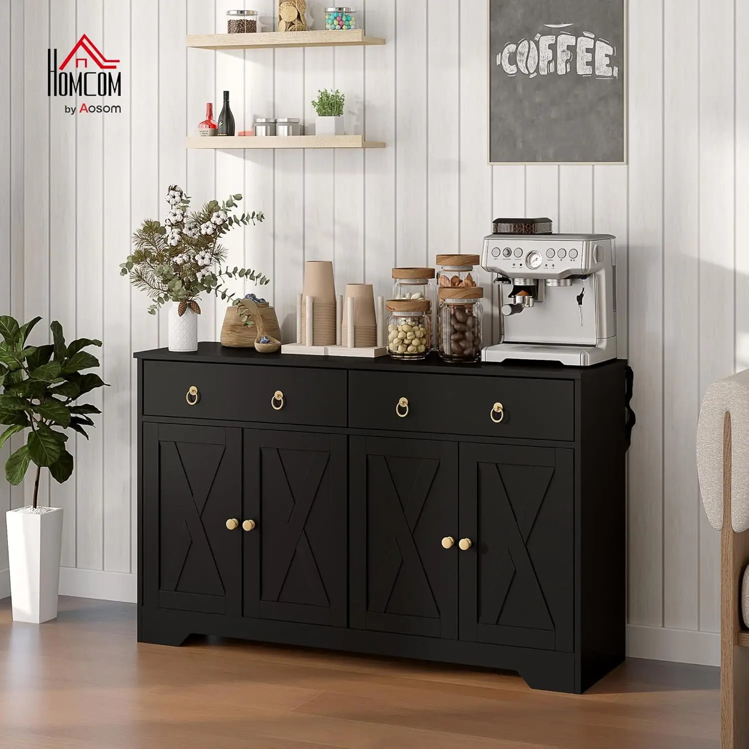 48" Sideboard Buffet with Storage, Kitchen Storage Cabinet with 2 Drawers and 4 Barn Doors, Farmhouse Coffee Bar, Customized