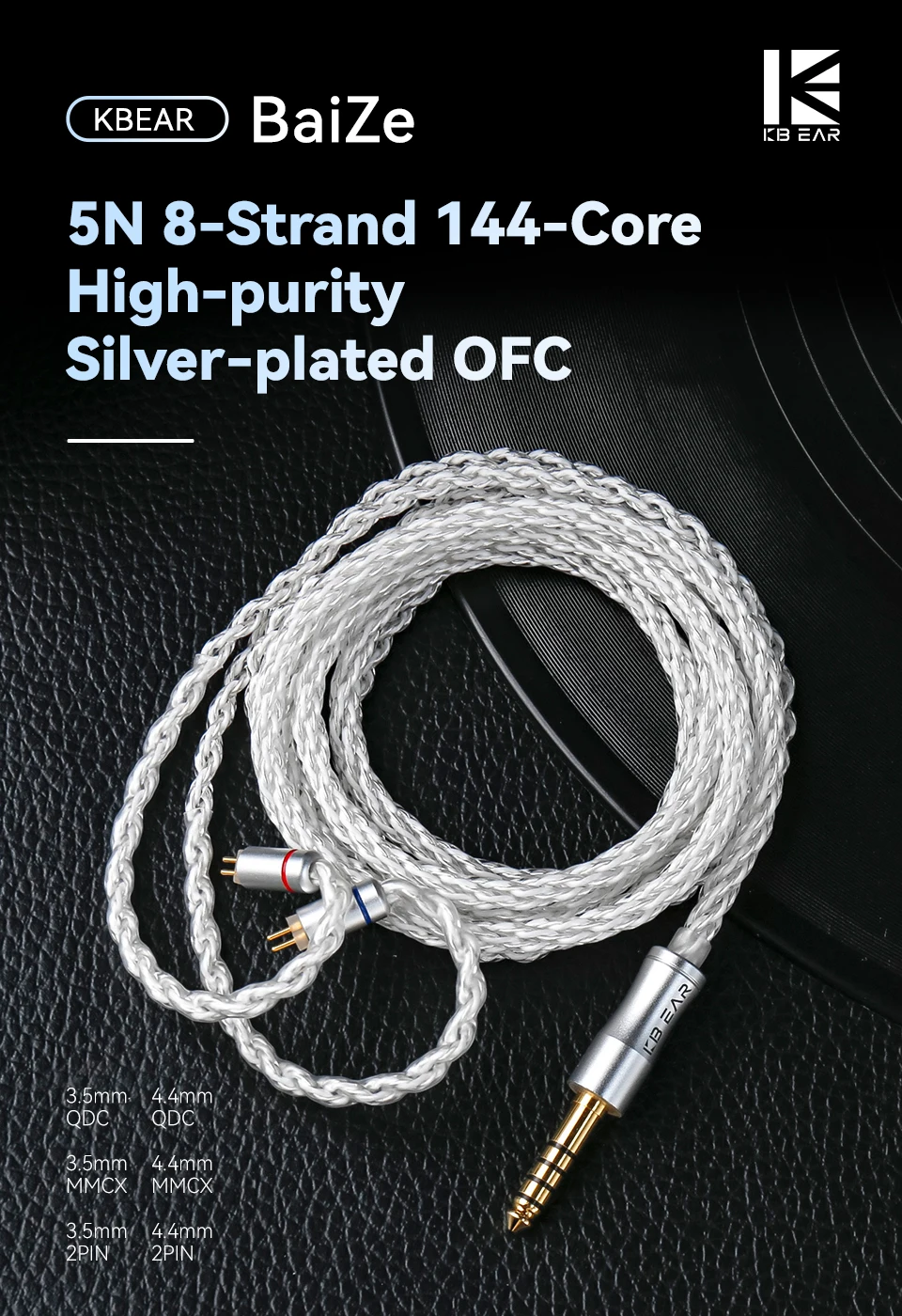 KBEAR BaiZe 8-adriges, hochreines, versilbertes OFC IEM-Kabel, austauschbares, symmetrisches 3,5/4,4mm QDC Kopfhörerkabel für KZ ZS12 Pro X – Detail 1