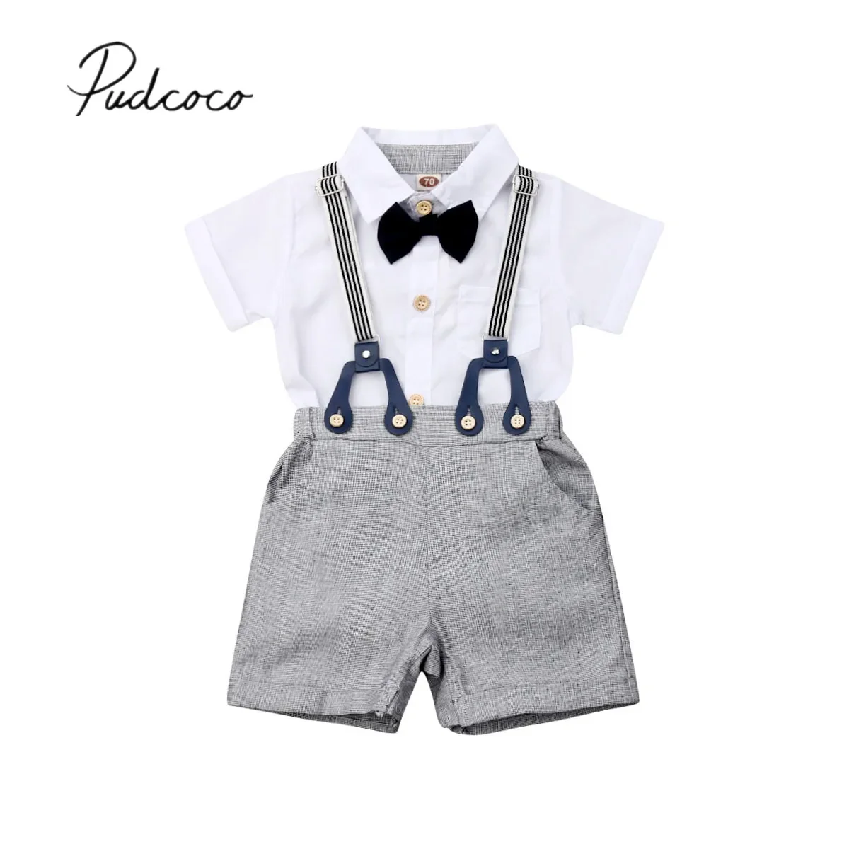 

2019 Baby Summer Clothing Toddler Kid Baby Boy Gentleman Clothes Short Sleeve Tops Shirts Blouse+ Overall Bib Shorts 2Pcs Outfit