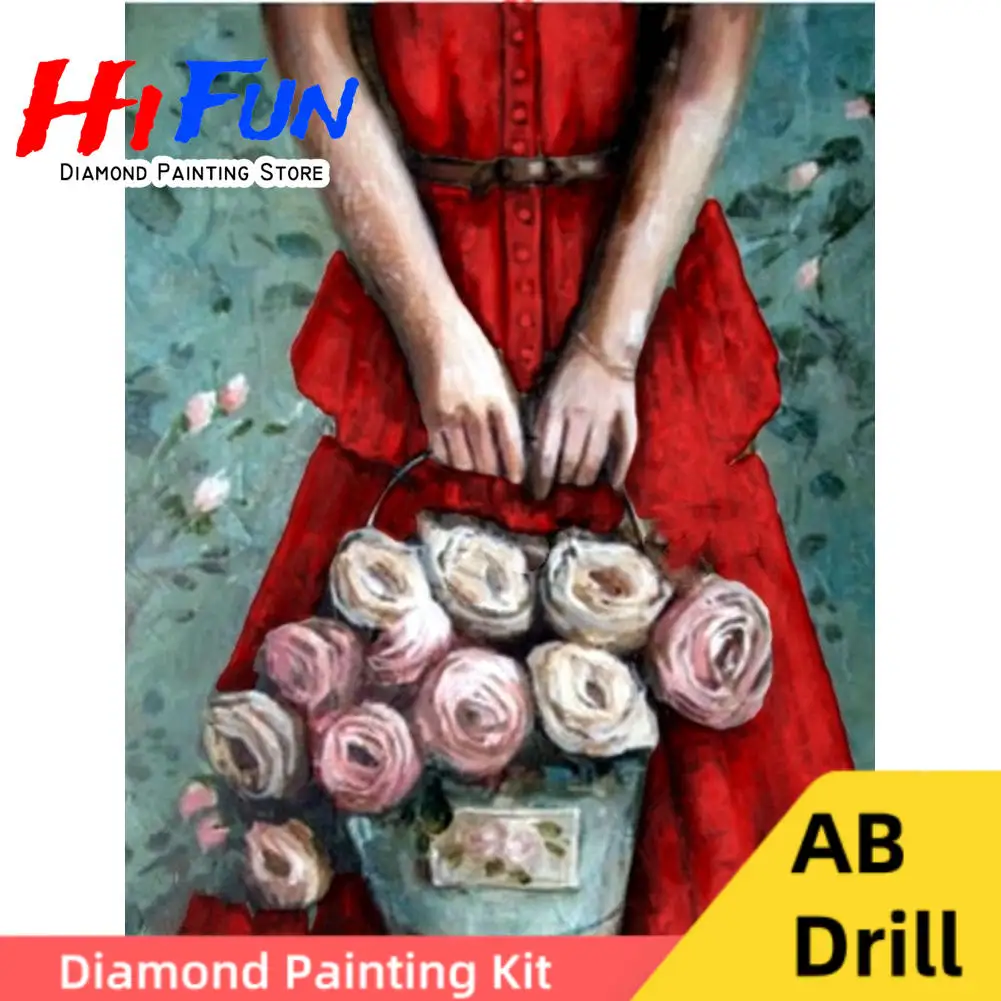 

Woman in Red Dress with Basket of Flowers 5d Diamond Painting Art AB Drill Embroidery Cross Stitch Diy Handwork Gift Home Decor