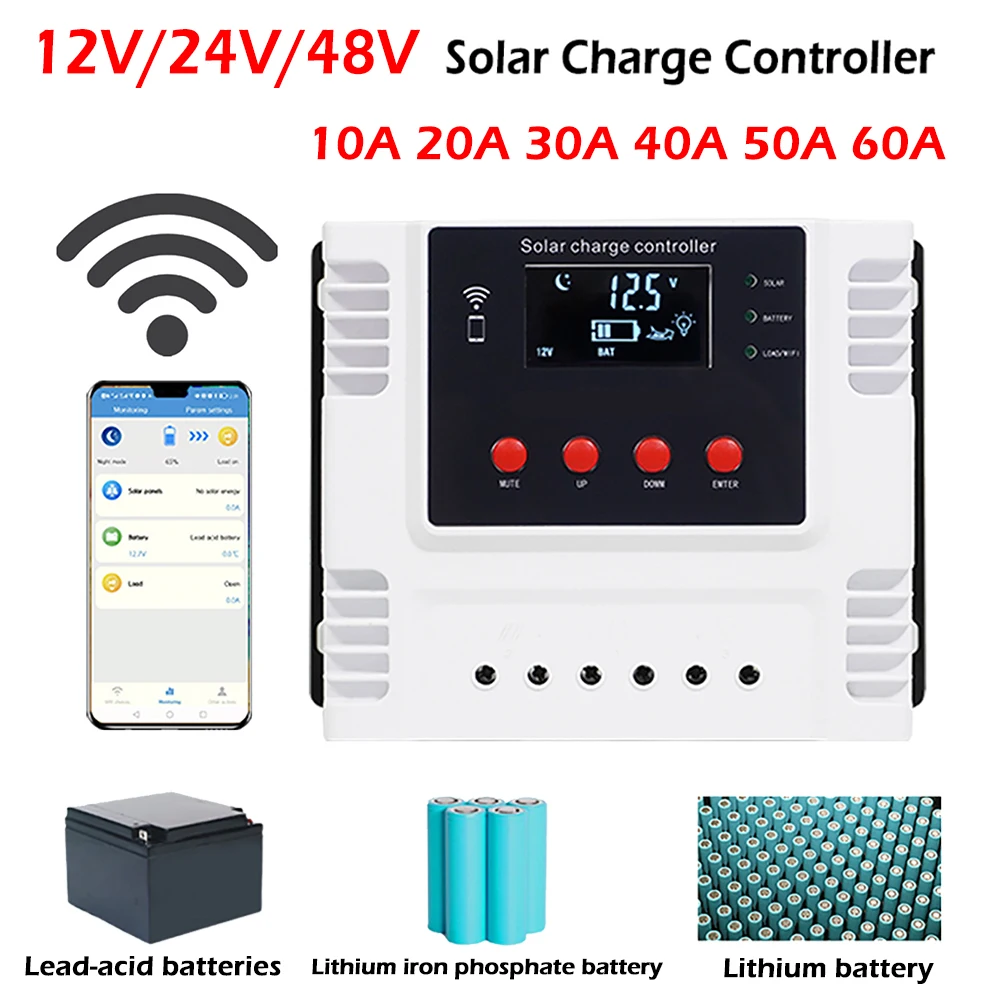 

PWM 10A 20A 30A 40A 50A 60A Solar Charge Controller Support WiFi APP Control For 12V 24V 48V Lead Acid/Lithium/Lifepo4 Battery