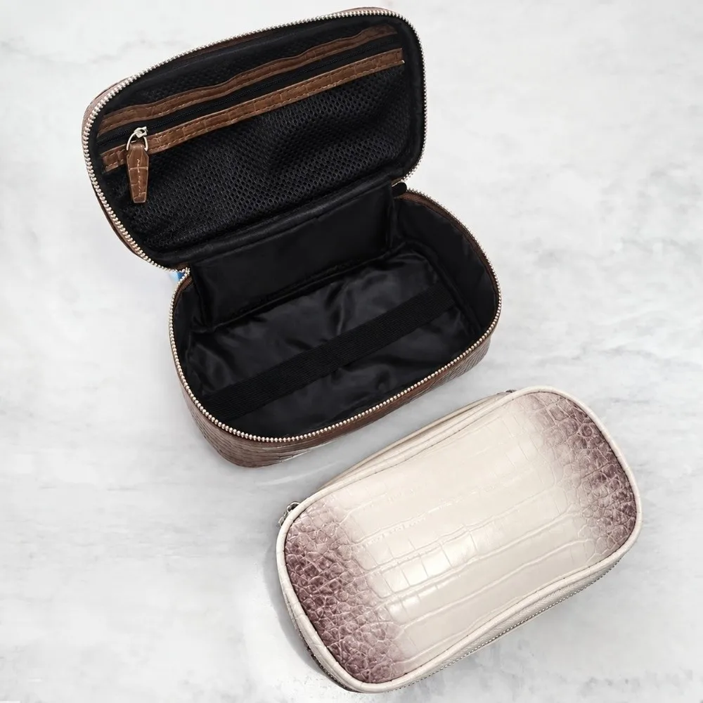 Fashion PU Leather Makeup Bag Zip Closure with Handle Vanity Cosmetic Pouch Crocodile Texture Storage Pouch for Women and Men