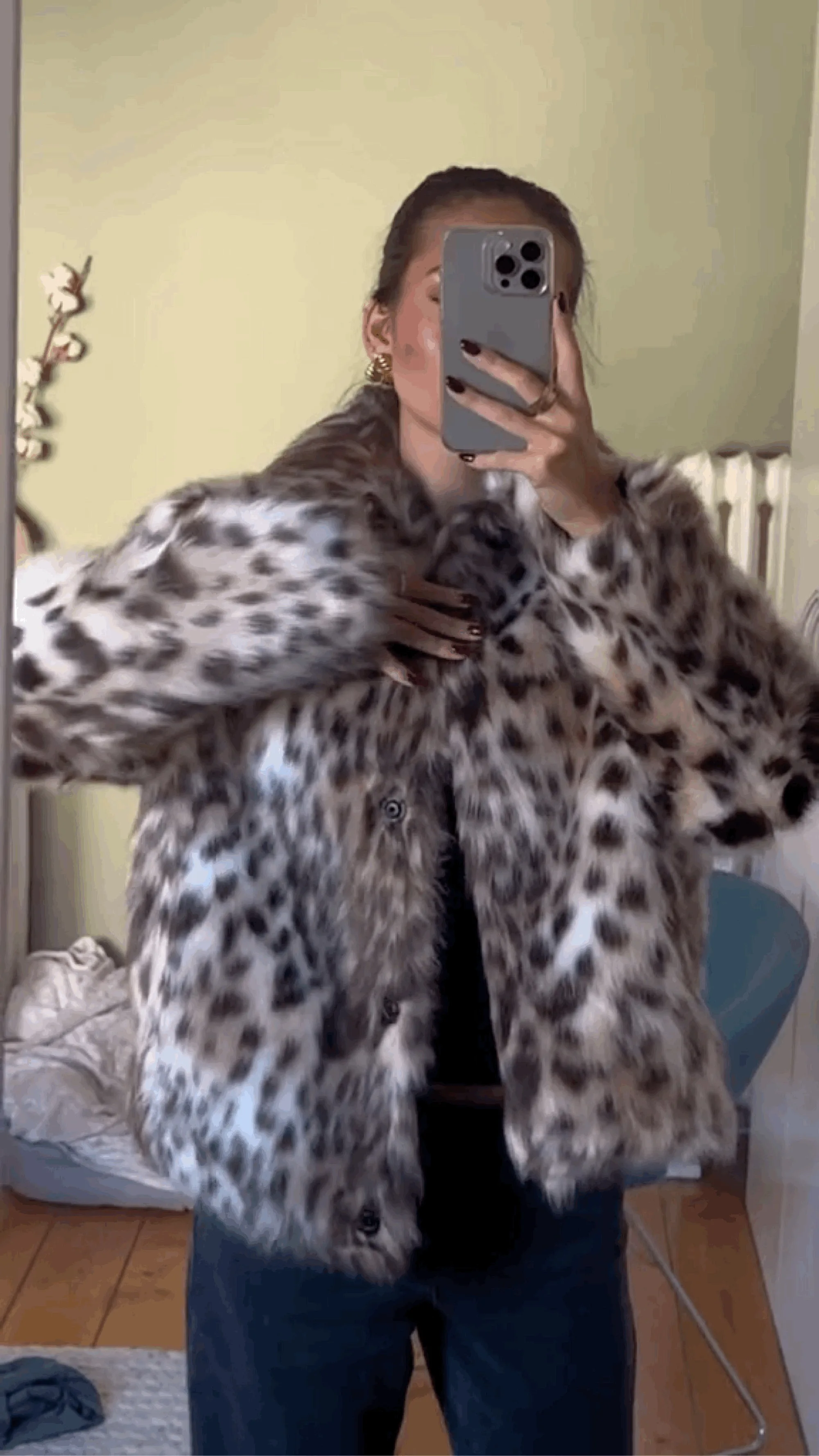 HH 2024 femme revers manches longues poches latérales manteau décontracté femmes hiver imprimé léopard fausse fourrure ample mince chaud manteau Mujer