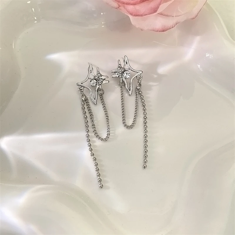 Silver Color Star Tassel Earrings for Women Hollow Links Korean Fashion Cool Stuff Bohemian Hanging Earrings Female Ear Jewelry