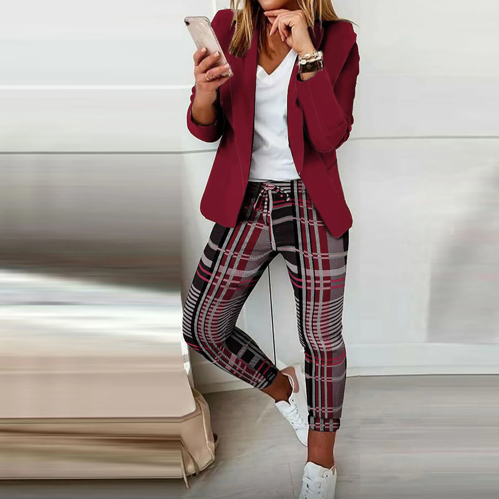 Blazer da donna con stampa scozzese 2 pezzi Set giacca sottile Slim Fit manica lunga giacca da lavoro da ufficio cappotto + pantaloni Set abiti