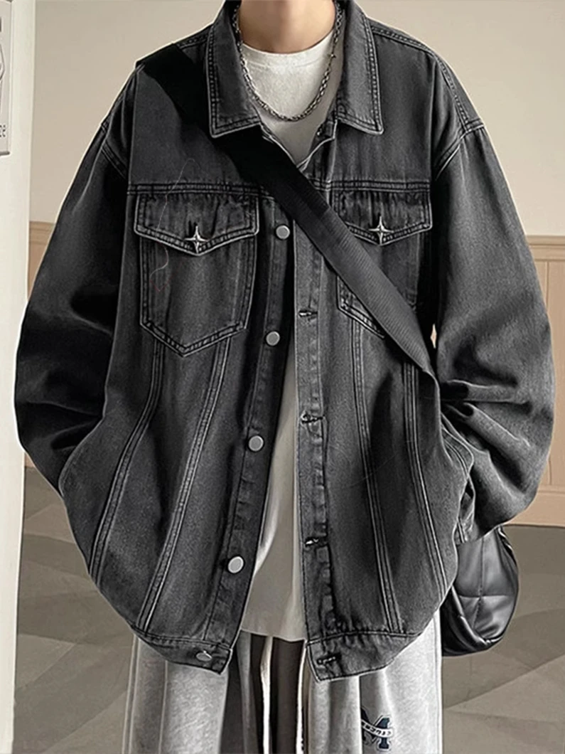 

Мужская джинсовая куртка в американском ретро-стиле барокко, свободного кроя, с длинными рукавами, для хип-хопа и повседневной носки, осенняя верхняя одежда