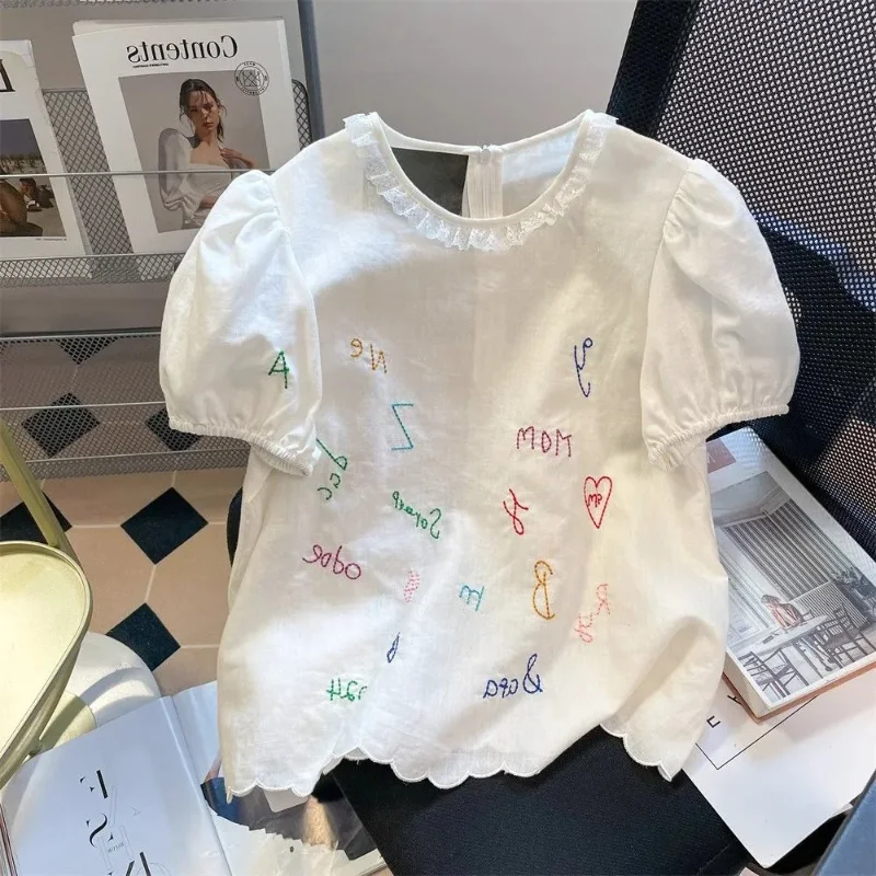 

Summer New All Match Elegant Lace Elegant Shirt Women's Round Neck Summer Short Sleeve Small Shirt Top