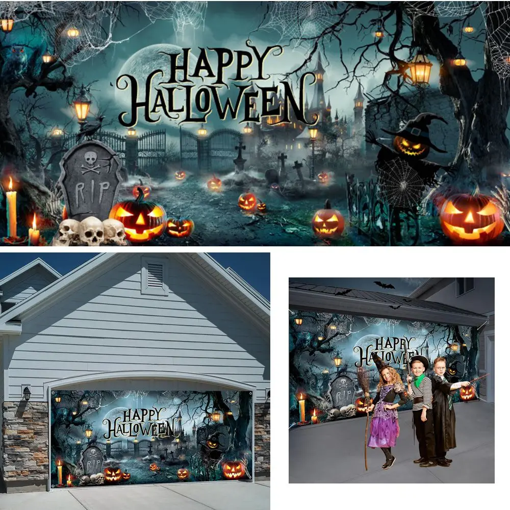 

Happy Halloween Garage Door Cover Horror Pumpkin Cemetery Backdrop Halloween Garage Door Decor Banner Home Yard Outdoor Party