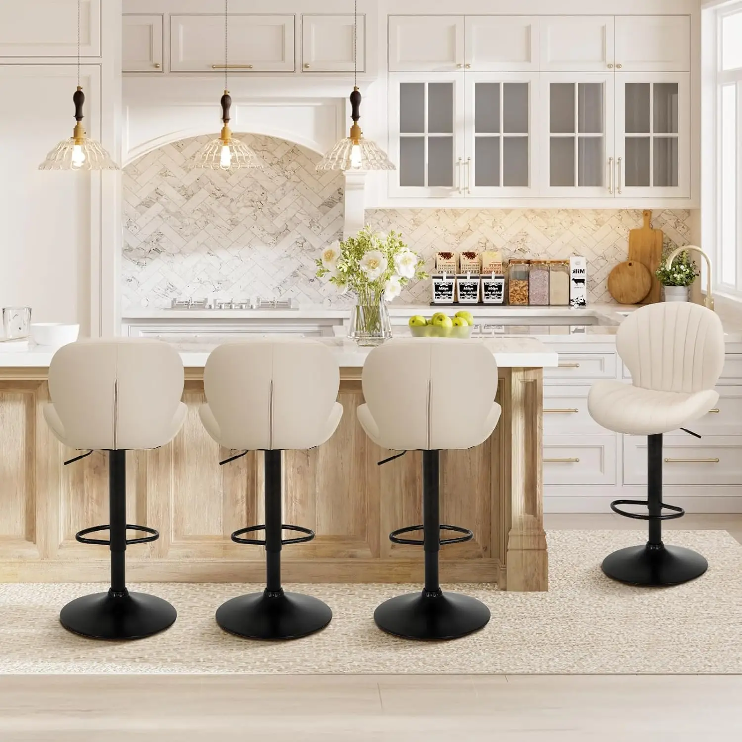 

Modern Swivel Bar Stools Set of 4, Adjustable Faux Leather High Backrest for Kitchen Island and Dining Room in Beige
