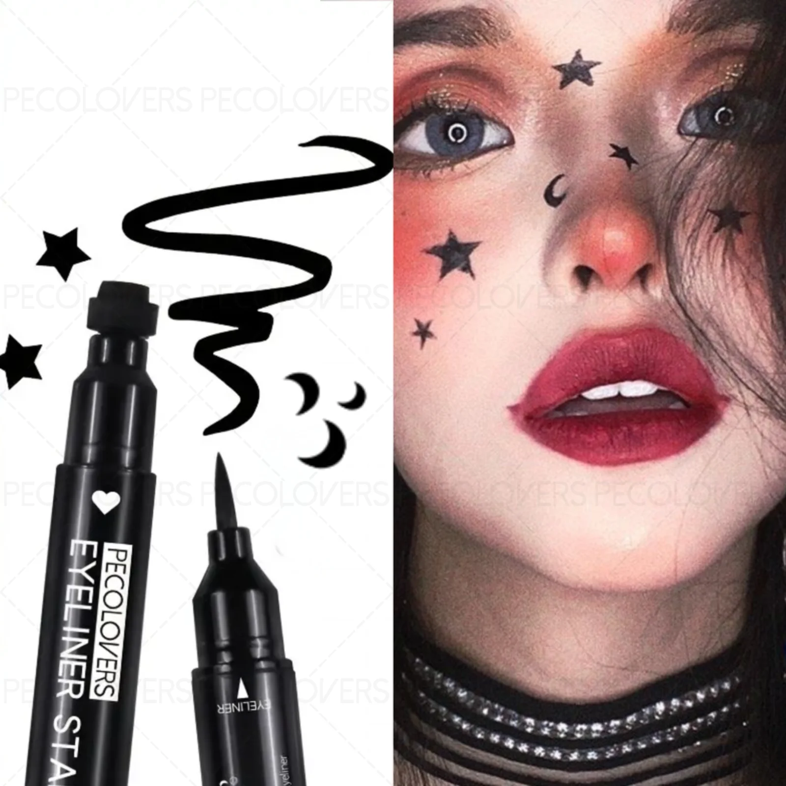 1 pezzo a doppia testa, impermeabile, finitura liscia, trucco rapido per gli occhi, eyeliner con timbro, crea un affascinante trucco per occhi natalizio di Halloween