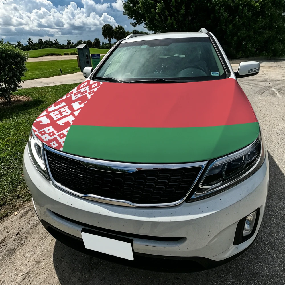 3.8x5.3ft Belarus Car Hood Cover Flag Car Bonnet Banner Elastic Fabrics Windproof Patriotic Automotive Hood Covers