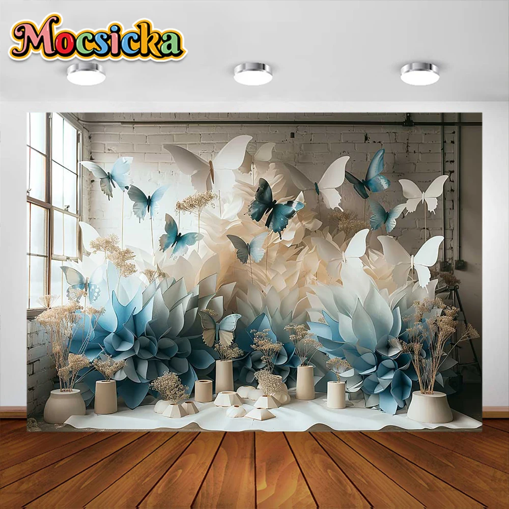 웨딩 사진 배경 화려한 꽃 나비 파티 장식, 소년 소녀 신생아 파티 배경, 스튜디오 소품