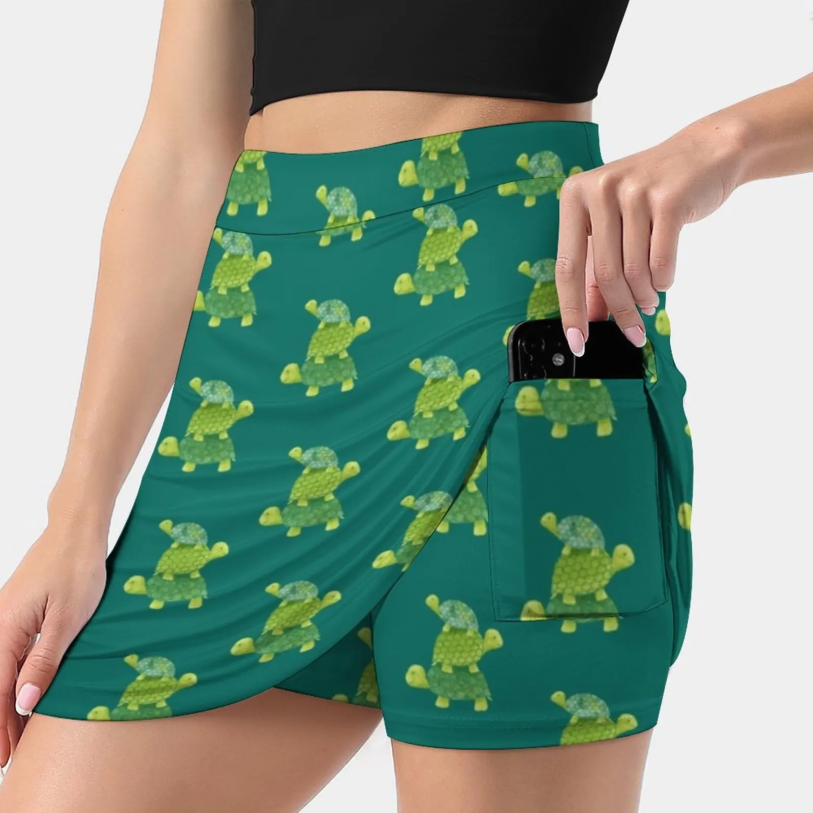 Cute Turtle Stack In Teal Lime Green And Turquoise Women Sports Skirt Tennis Golf Dance Fitness Running Yoga Skirts Turtle