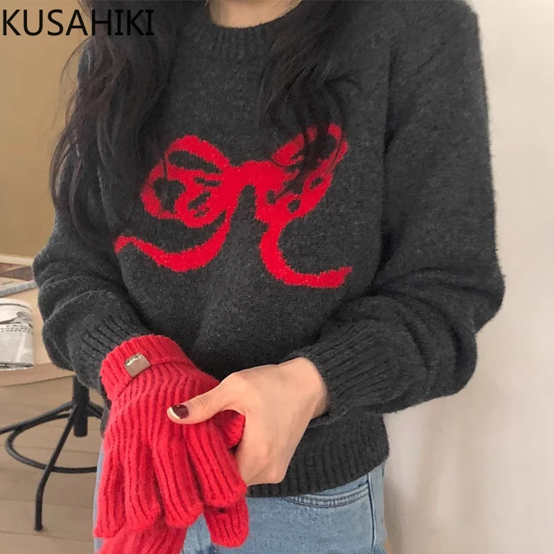 KUSAHIKI Korean Chic Autumn/winter Round Neck Retro Versatile Bow Jacquard Casual Long Sleeved Knitted Sweater for Women