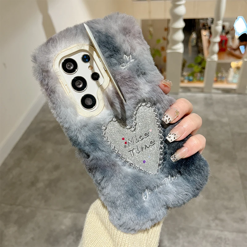 Glitter Luxury Love Plush Warm Embroidery Cover Case For Galaxy S25 S24 Ultra S23 Plus A14 A15 A16 A17 A36 A56 A35 A55 A05S A54