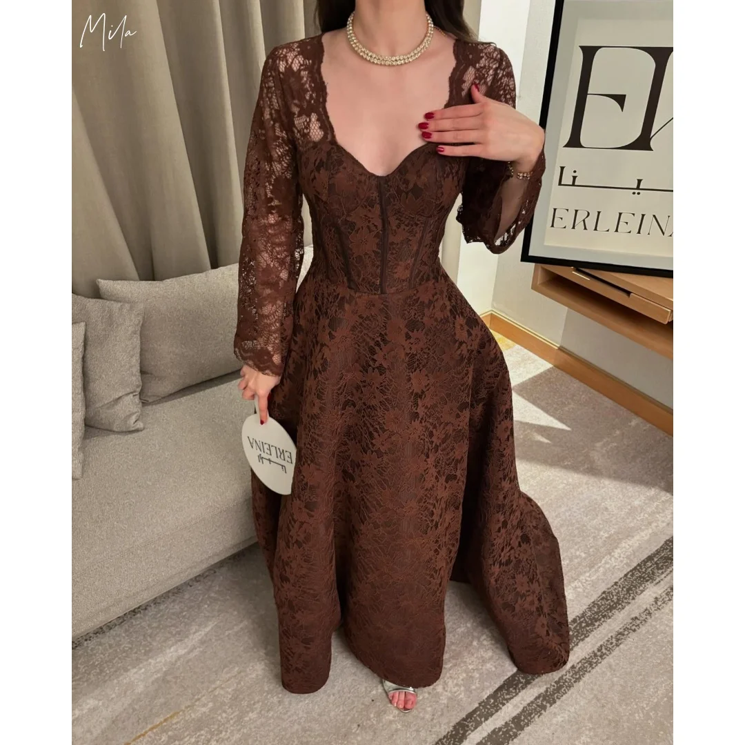 Mila marron foncé profond V robes de bal dentelle manches longues jupe évasée personnalisé formel soirée robe élégante vestidos de gala 2025