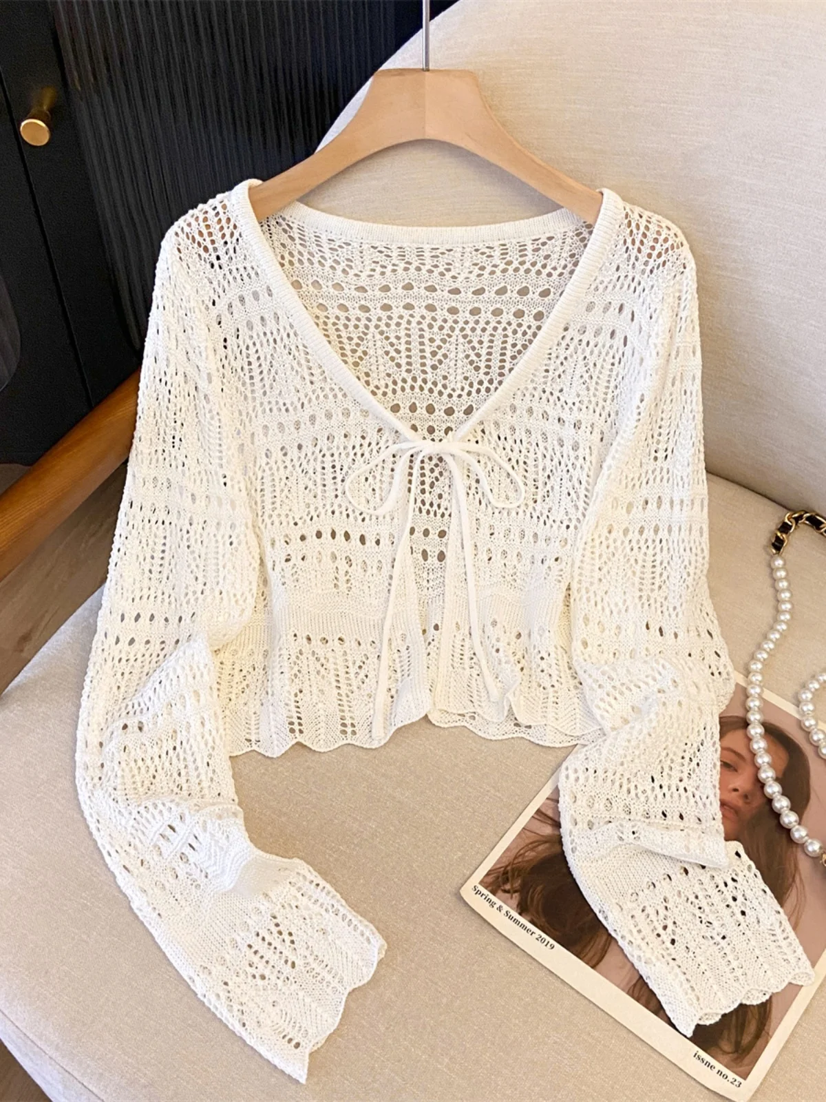 夏用多用途透かし編みニットリネン長袖日焼け止めカーディガンショールレディースアウターアイスシルクトップ