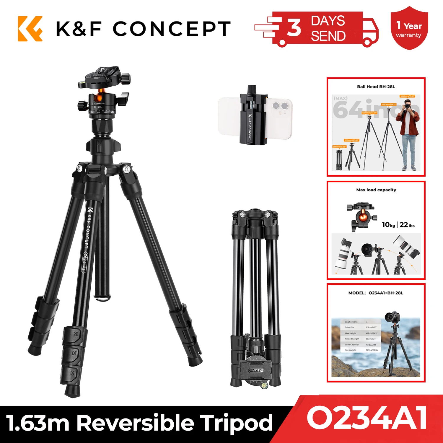 K&F CONCEPT Statyw do aparatu 22lbs10kg obciążenia Odwrócona oś środkowa Lekki aluminiowy statyw ze stojakiem na kamerę do smartfona