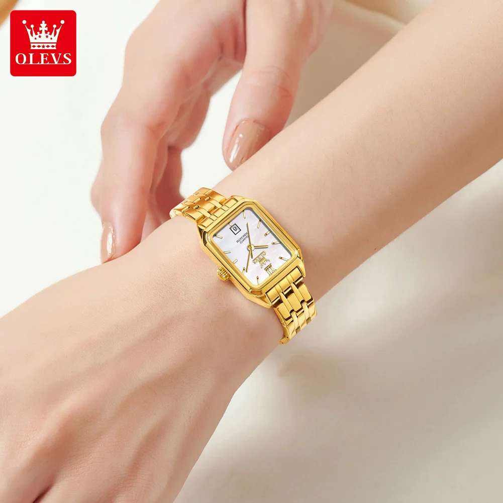 OLEVS 5616 New Quartz Watch for Women Fashion Elegant Square Golden Watch Calendar Waterproof Stainless Steel Ladies Wristwatch