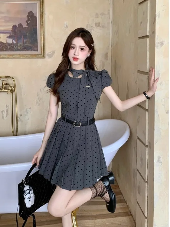 

plus Size Women's Sweet Polka Dot Short Sleeve Dress A-Line Skirt High Waist Pleated Summer New Style Commute Korean Ver...