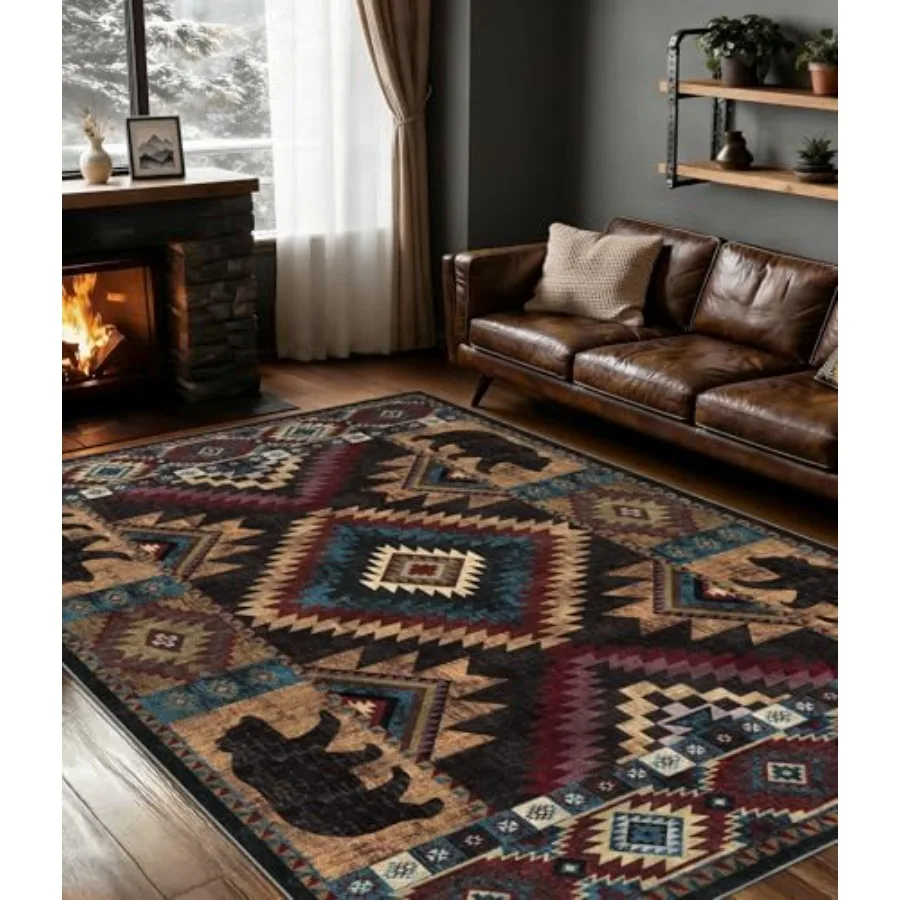 

Rustic cabin area rug for bedroom 5x7, cotton blend, brown and beige, machine washable with non-slip backing and low-pile weste