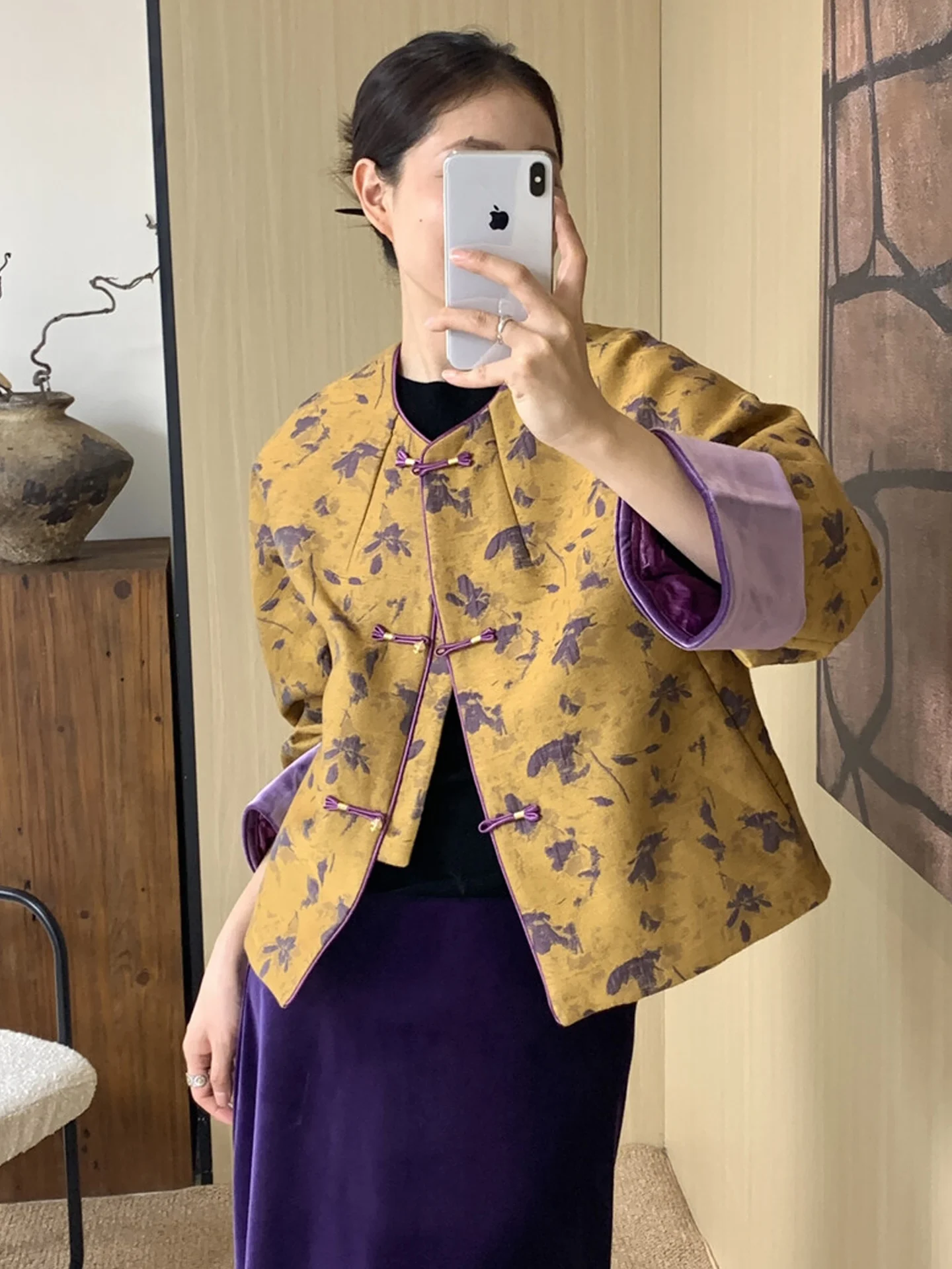 

Ретро-куртка в китайском стиле для женщин: хлопковая, с пуговицами, круглым вырезом, теплая, с цветочной вышивкой, весна-осень