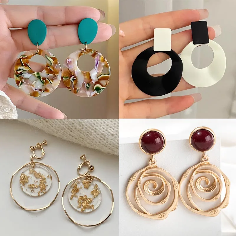 Grandes boucles d'oreilles clips sans perçage, cercle creux rose, tendance, minimalistes, géométriques rondes noir et blanc, avec feuille d'or