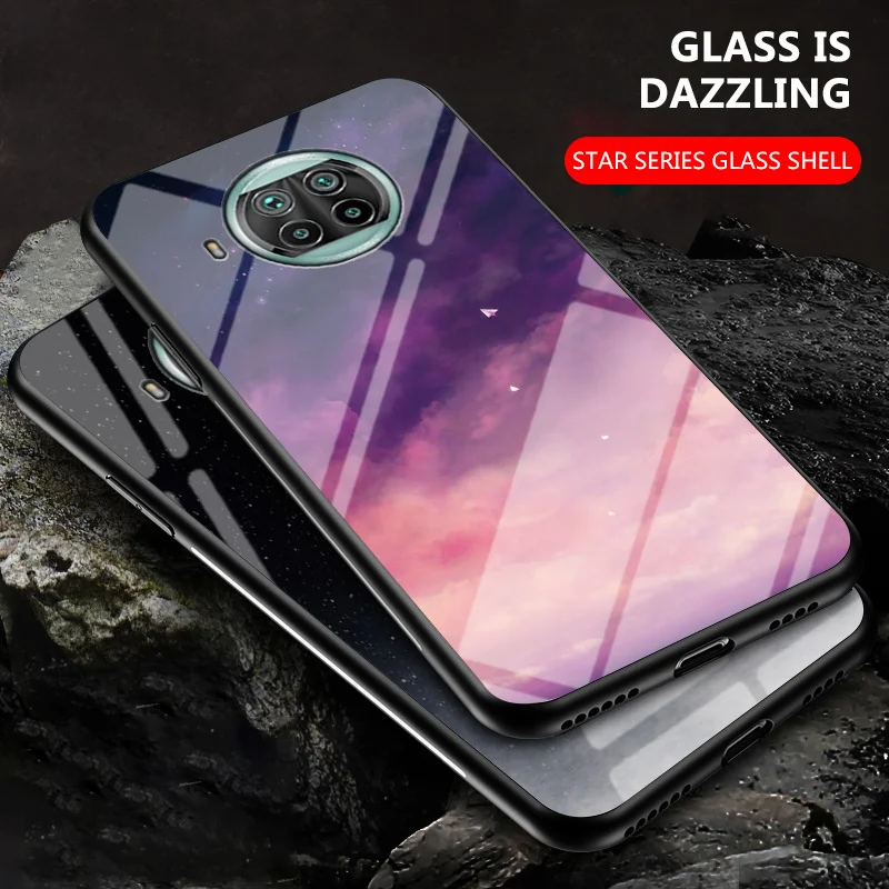 

For Xiaomi Mi 10T Lite 5G Case Colored Starry Tempered Glass Back Cover Hard Shockproof Phone Case for Xiaomi 10T Lite 10TLite