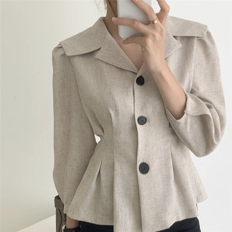 

French Retro Shirt Women's Autumn Contrast Single Breasted Suit Collar Slim Top Waist Pleated Blouses Office Female Clothing