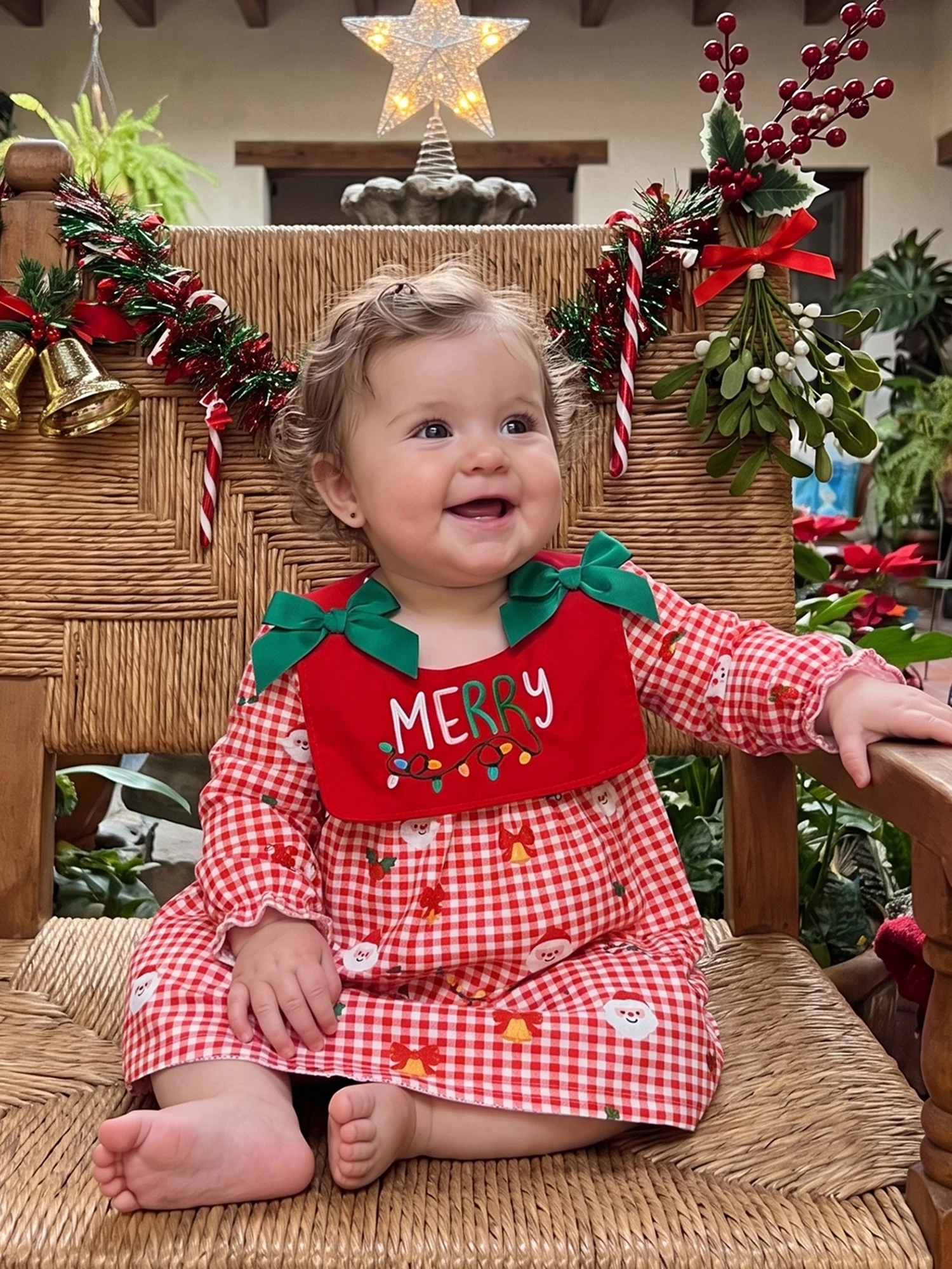 Neck Crew Neck-Santa Plaid A Christmas Santa-Claus-Plaid Sleeve Dress Durable Neck Crew Girls Christmas Dress